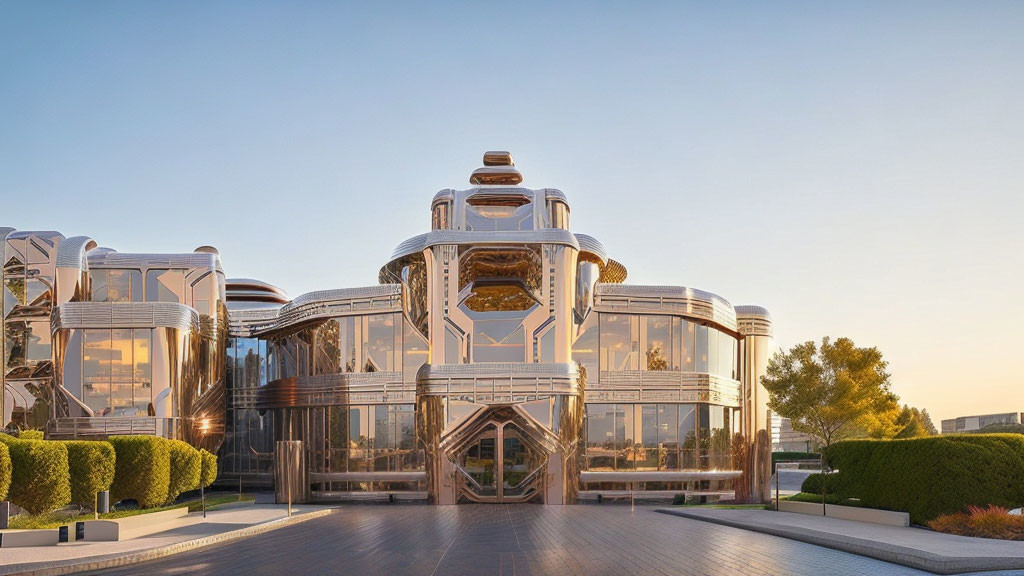 Reflective glass facade on modern futuristic building at dusk