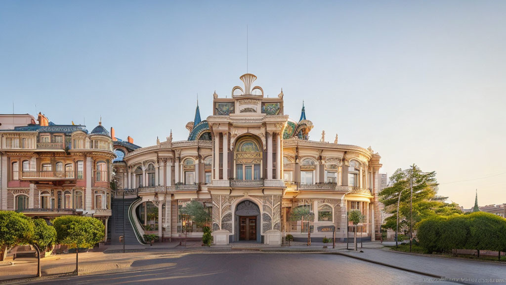 Classical style building with arches and domed towers at golden hour