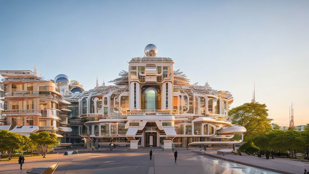 Futuristic building with spherical structures in warm sunlight