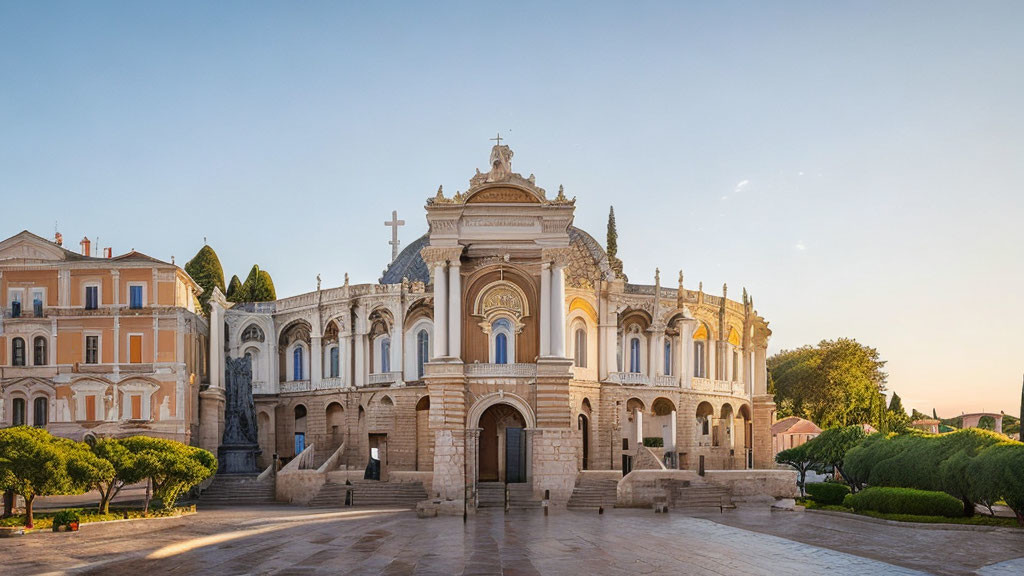 Historic church with intricate architectural details in warm sunlight