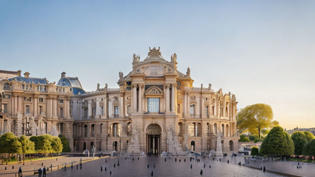 Grand classical building facade with ornate sculptures in open plaza.