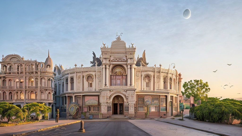 Ornate building with crescent moon in twilight sky among traditional structures