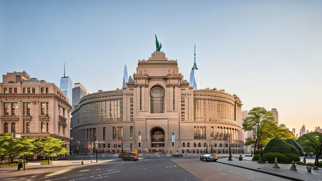 Historical Train Station Facade with Arched Windows and Statues Amid Modern Buildings