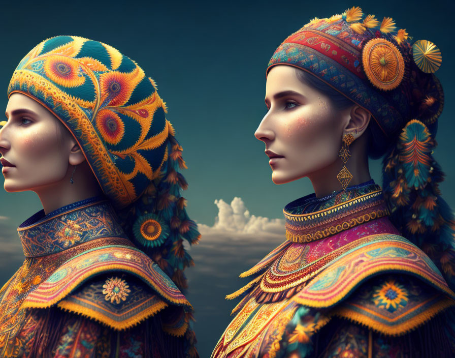 Two women in vibrant traditional garments and headgear under a blue sky.