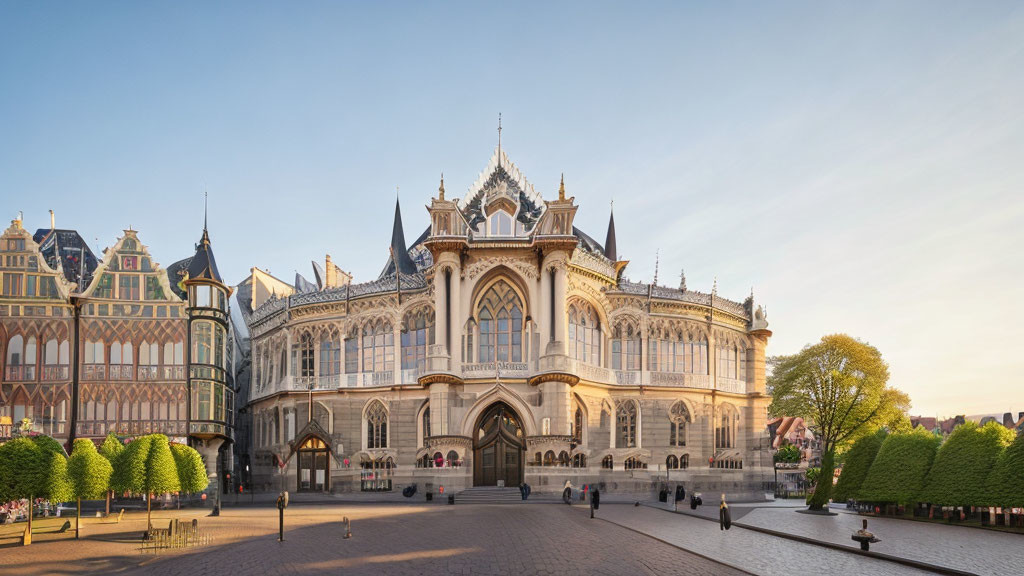 Gothic-style building with tree-lined square