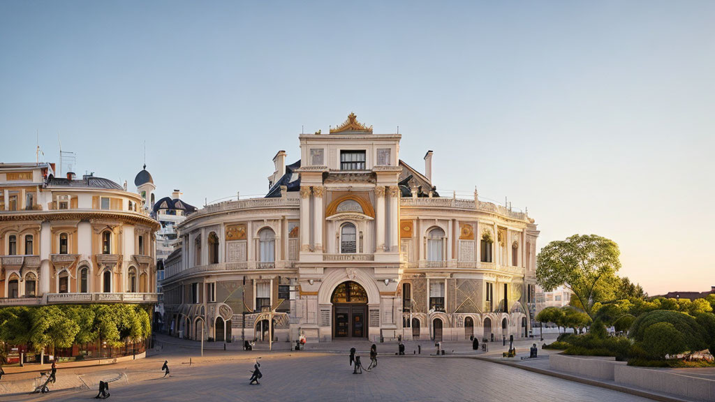 Historical Building with Grand Entrance and Intricate Architecture at Dusk