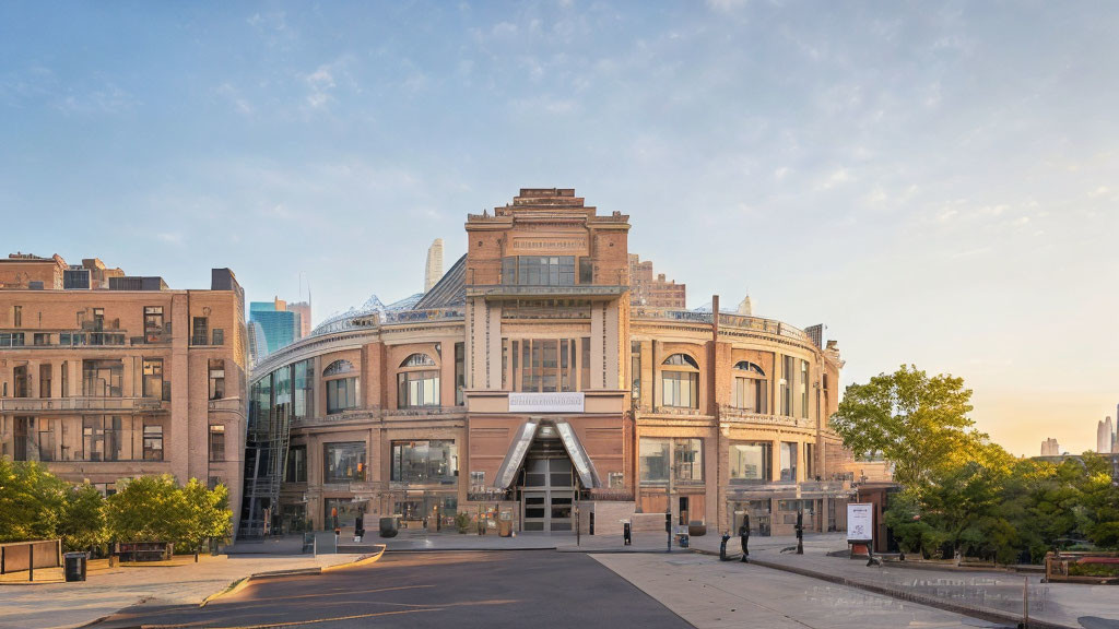 Historic building with large windows and glass dome in cityscape at dusk