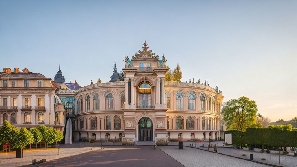 Historical building with arched windows and ornate facade at sunrise