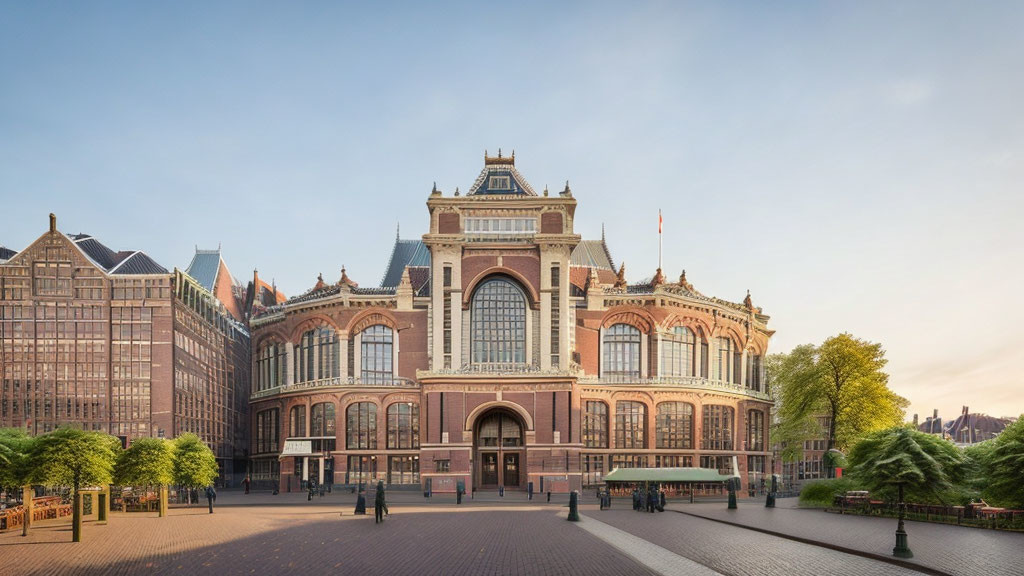 Ornate European Concert Hall with Cobblestone Plaza at Dusk