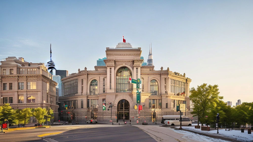 Classical building with grand entrance and dome surrounded by modern urban architecture