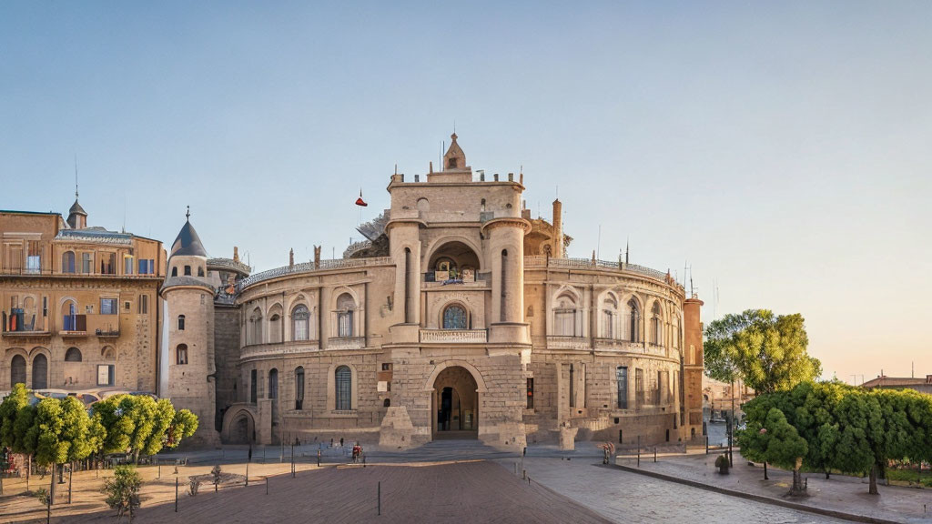 Historical building with central arched entrance and towers, surrounded by modern structures and open square.