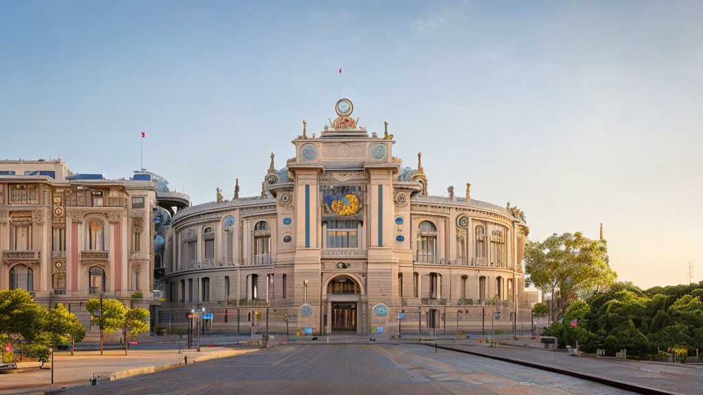 Neoclassical Building with Clock and Streetcar Tracks at Dawn or Dusk