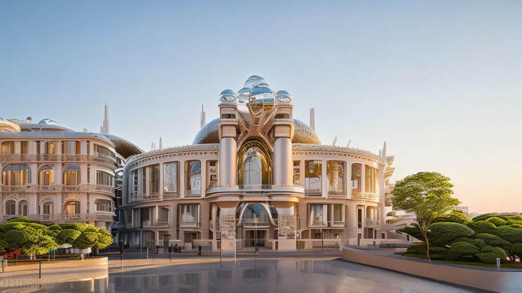 Modern building with classical architecture and glass façade in sunset setting.