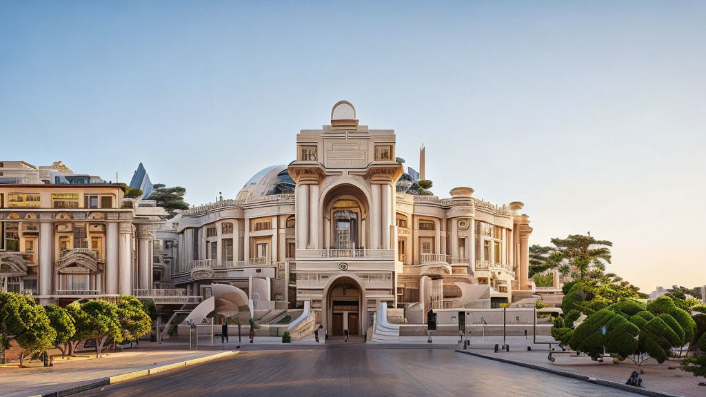 Neoclassical building with symmetrical stairs and arches at dawn