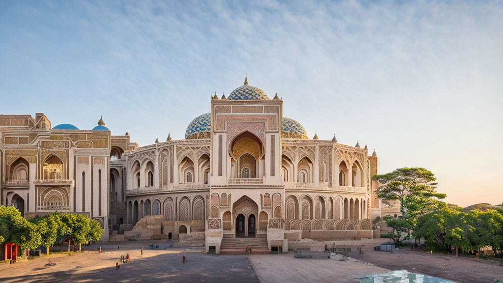 Historic building with detailed arches and patterns in a serene outdoor setting