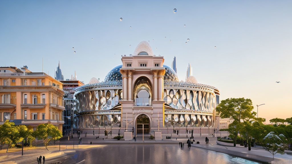 Neoclassical building with modern glass dome extension and people in clear blue sky at sunset