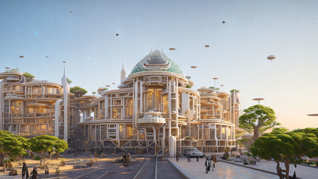 Futuristic cityscape with organic architecture and flying vehicles