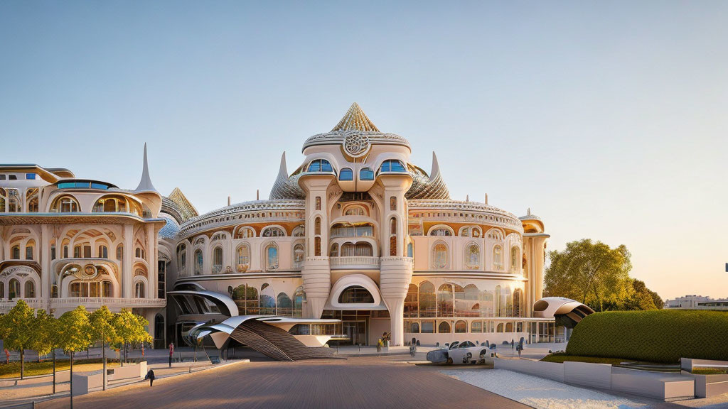 Ornate Building with Arches, Domes, and Modern Facade