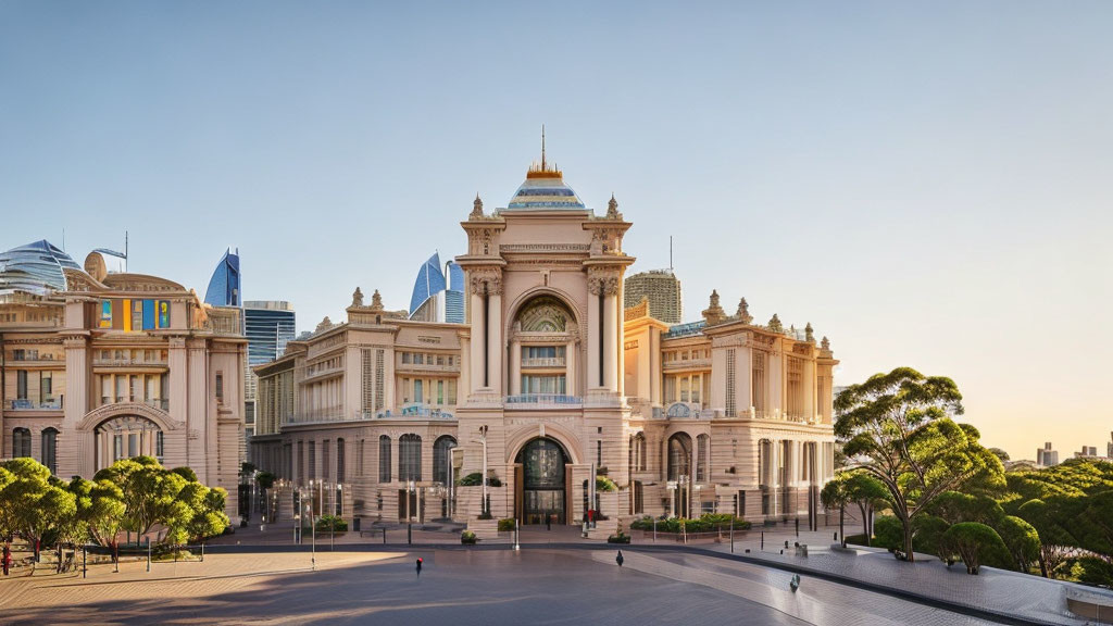 Neoclassical building with grand entrance among modern skyscrapers at dusk