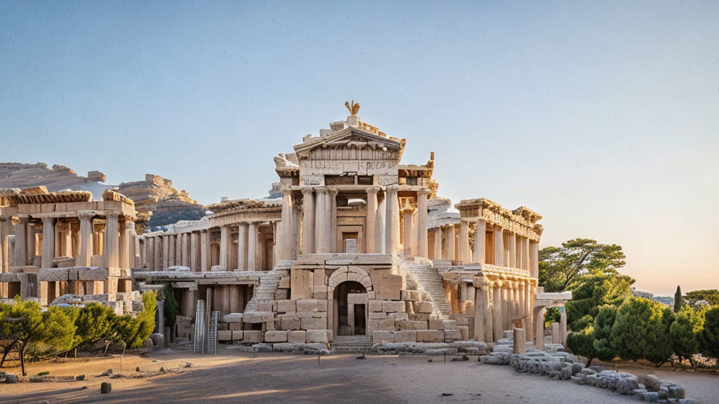 Ancient Greek-style facade with columns and sculptures at sunset