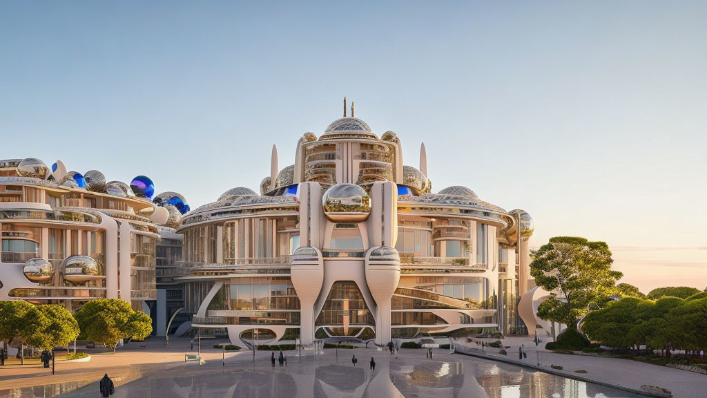 Symmetrical futuristic building in soft golden hue with orbs and central spire at dusk