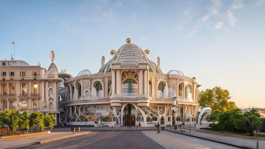 Opulent white and cream building with dome and spherical ornaments at twilight