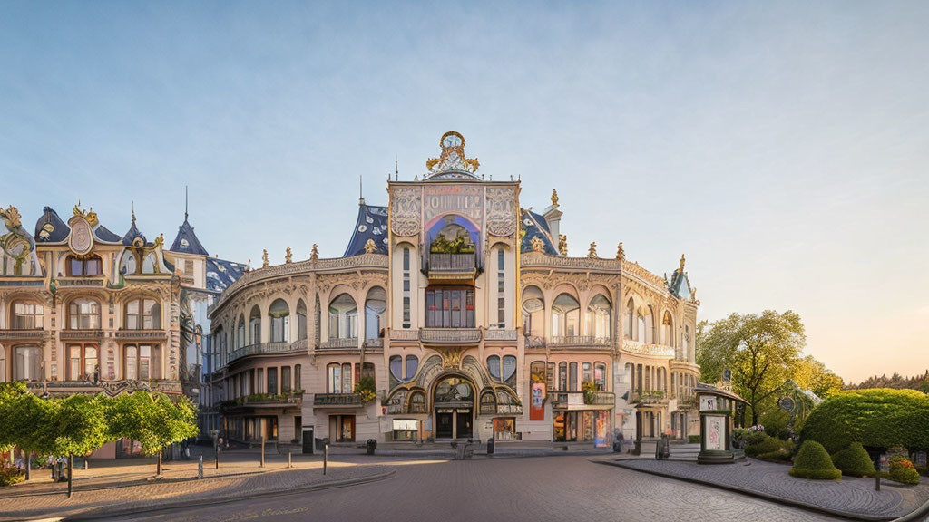 Elaborate historic building with ornate façades in soft morning light