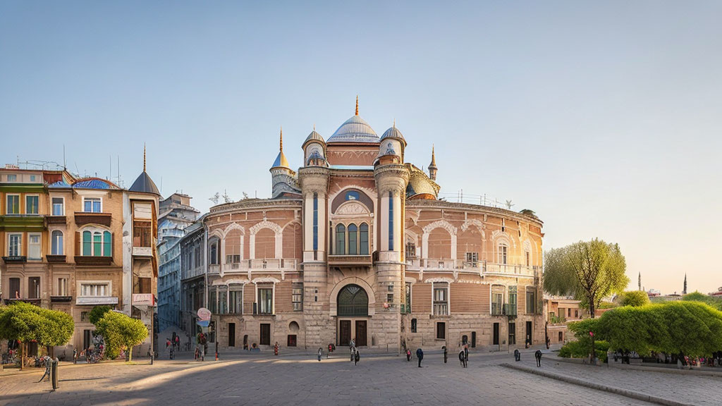 Historic building with domes surrounded by modern architecture in a city square.