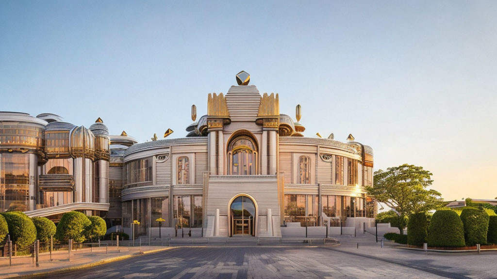 Modern building with golden dome and glass structures under clear sky