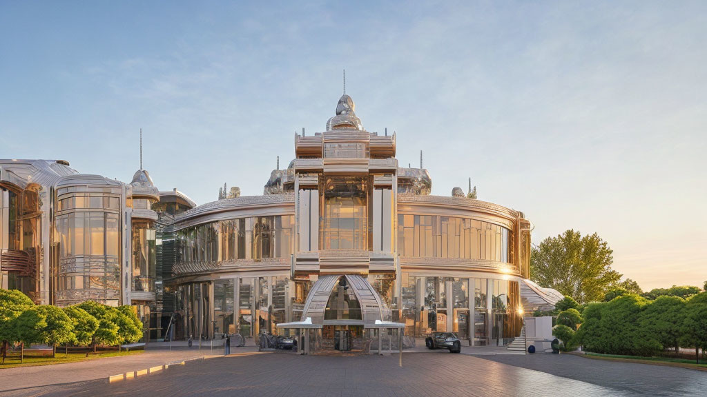 Symmetrical glass building with central dome at sunrise or sunset