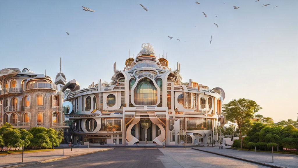 Ornate futuristic building with white and gold designs and birds in clear sunset sky