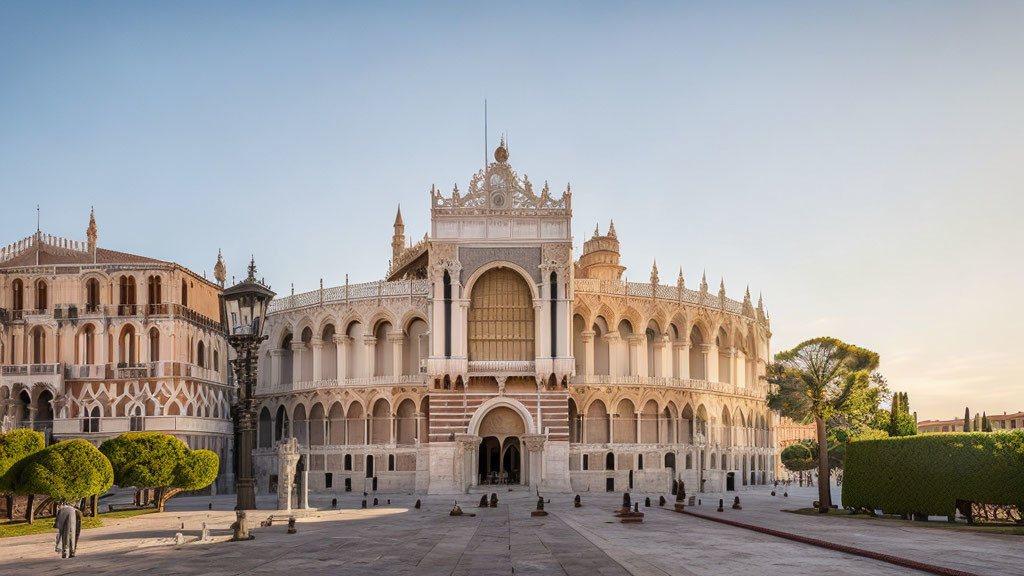 White Gothic Palace with Arched Entrances and Central Dome