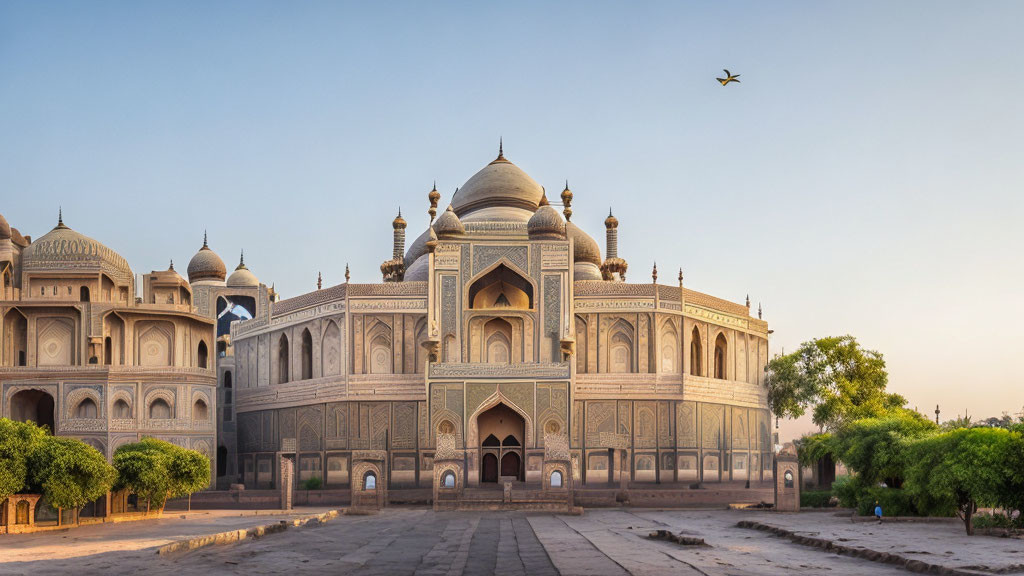 Symmetrical Ivory-White Mughal Architecture with Central Dome and Minarets at Dusk