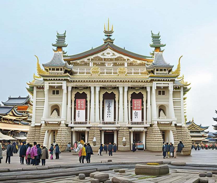 Traditional Asian Temple with Golden Roofs and Intricate Architecture