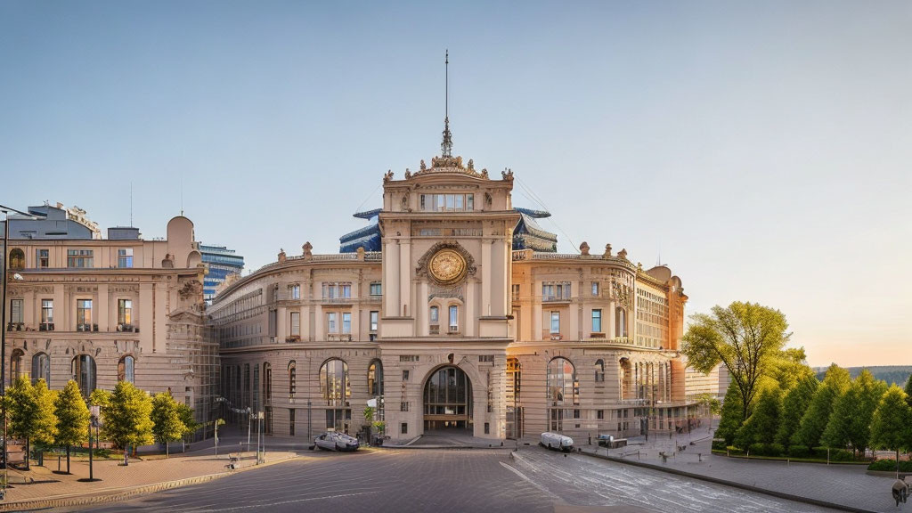 Classical-style building with clock, sculptures, and balconies in soft sunlight beside open square.