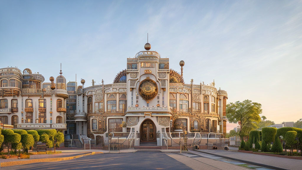 Ornate building with central clock and manicured trees under clear sky