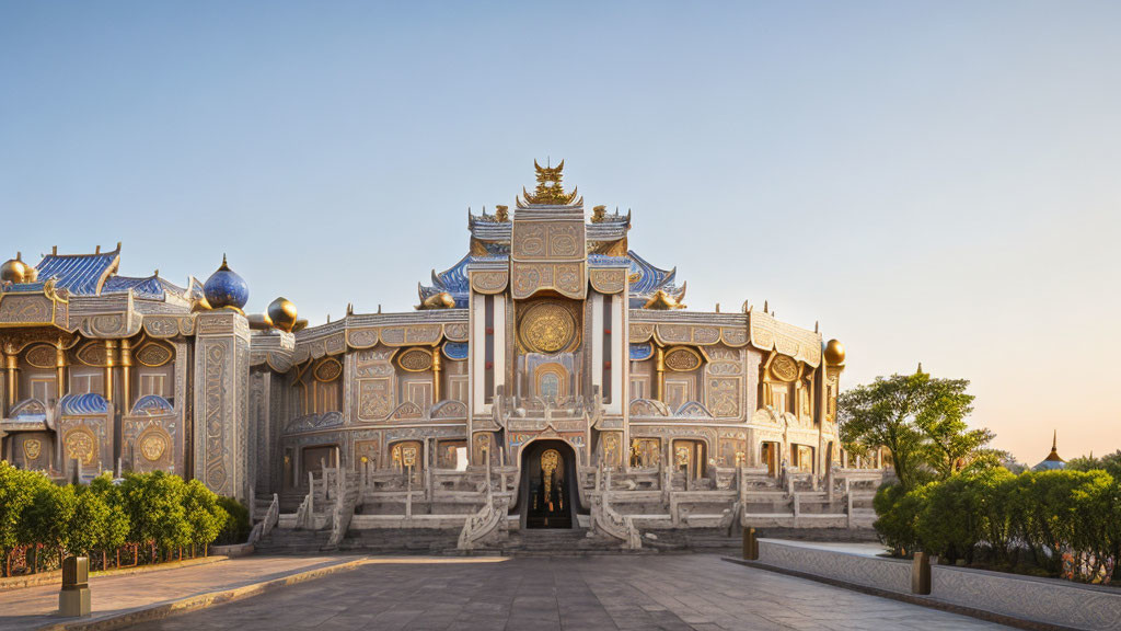 Traditional building with intricate carvings and blue domes against clear sky at golden hour