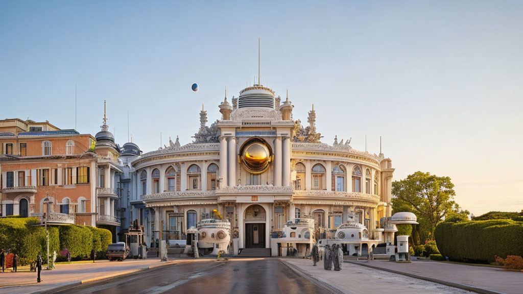 Classical Architecture with Dome, Statues, and Golden Orb in Urban Setting