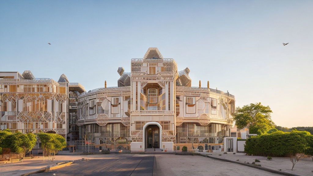 Beige ornate building with large windows and intricate designs surrounded by greenery under clear sky