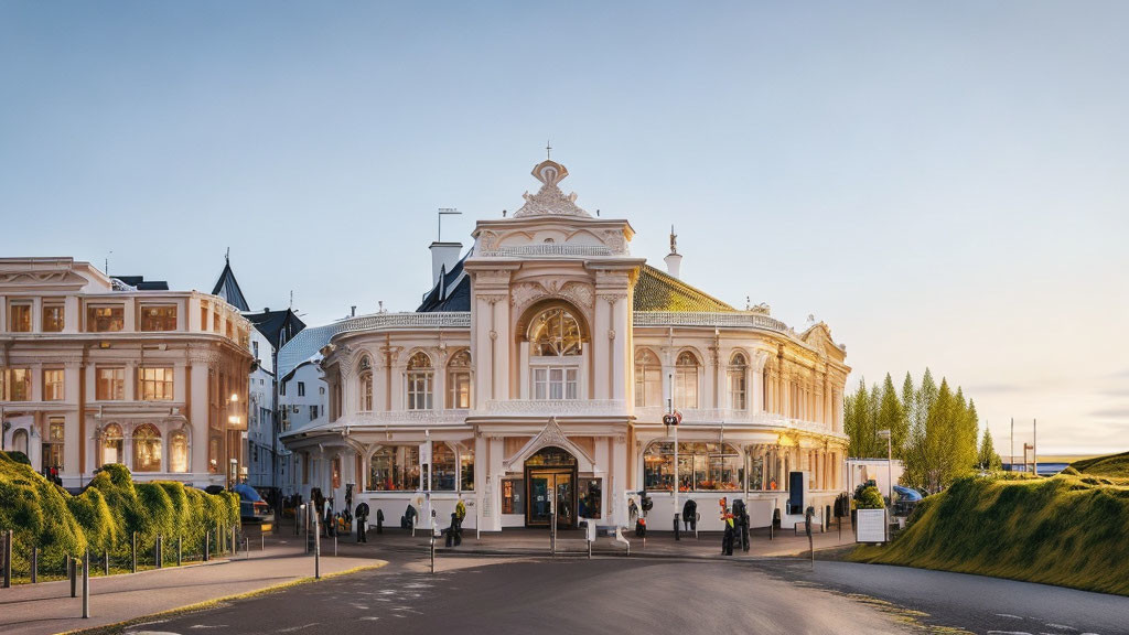 Ornate building at sunset with people and classical structures