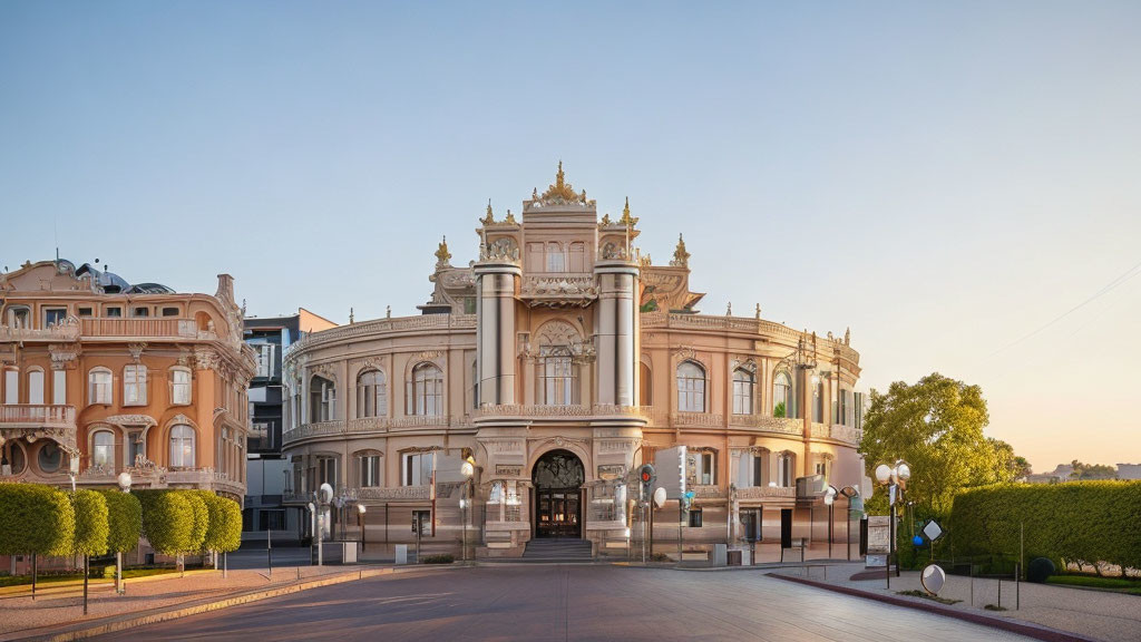 Ornate theater at sunrise with elegant architecture and street lamps