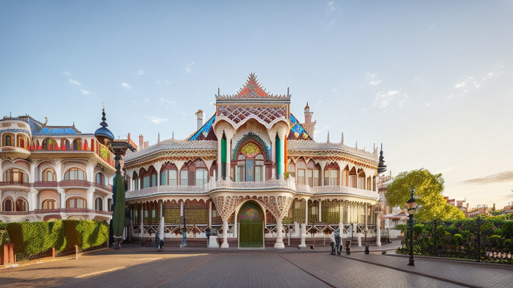 Colorful Moorish Revival building with intricate arches and patterns against clear sky.