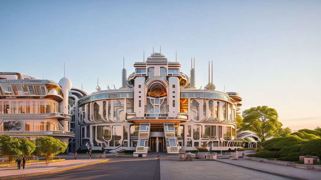 Elaborate circular architecture with dome-like structures at sunset