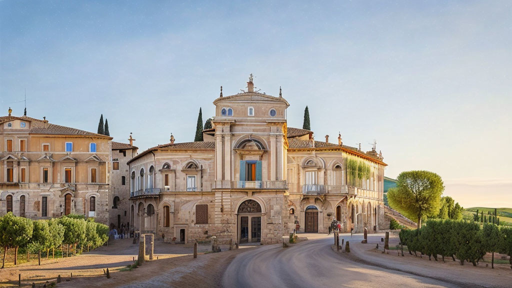 Grand Italian Villa with Cypress Trees and Sunset Sky