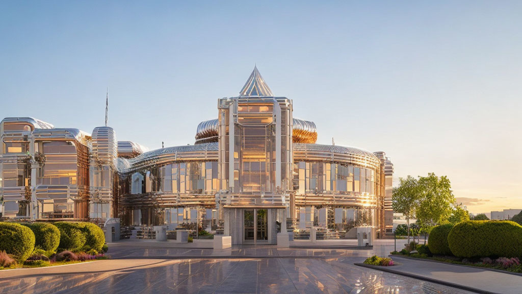 Glass Pyramid Center Flanked by Metallic and Glass Structures at Sunset