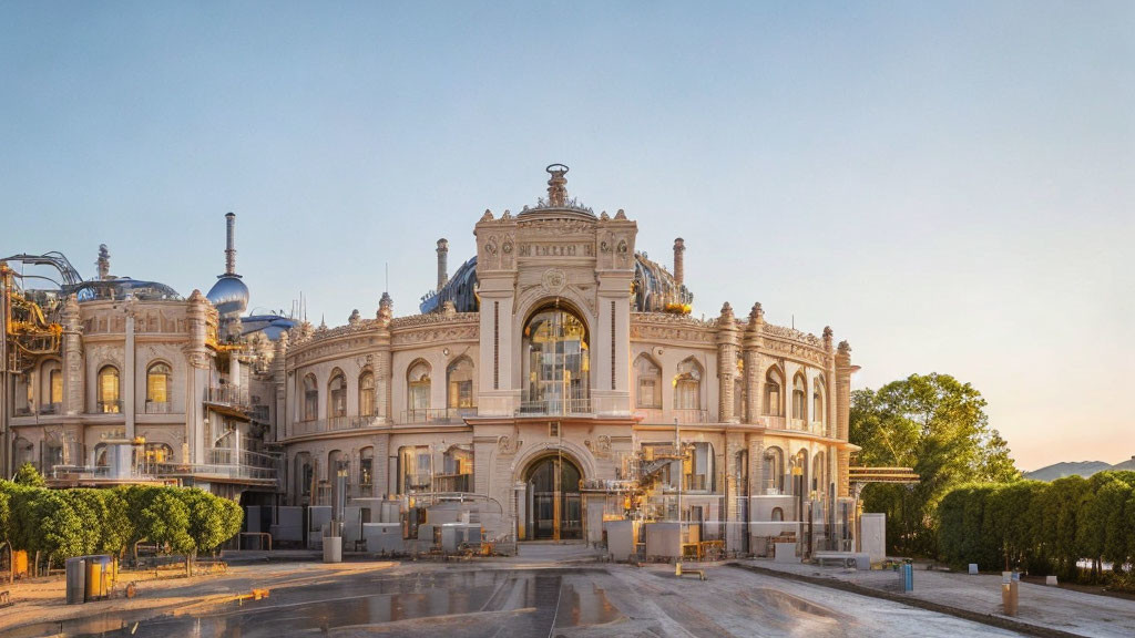 Historic building with elaborate architecture and grand entrance in warm sunlight