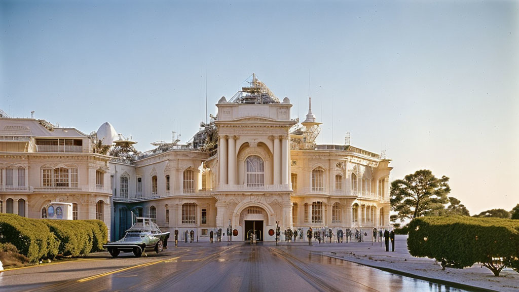 Grand historical building with classical facade, guards, ornate details, and vintage car.