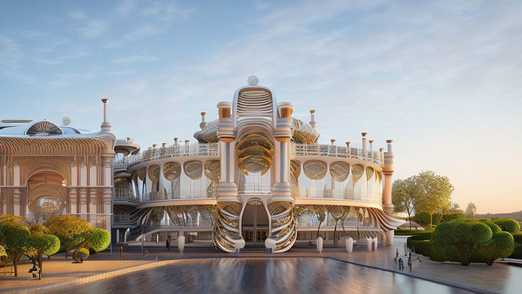 Futuristic building with ornate domes and swirling architecture at sunrise or sunset