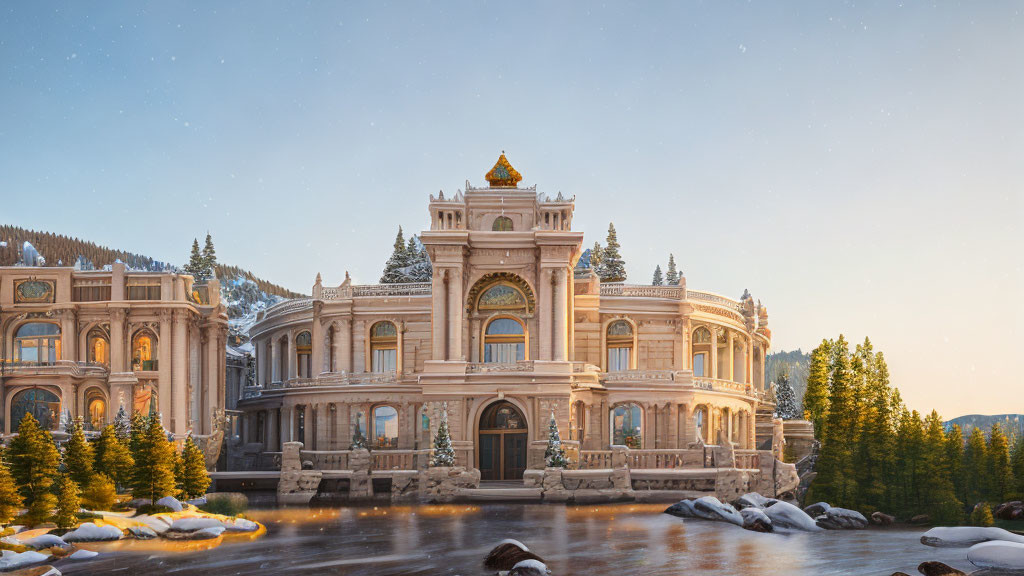 Ornate classical building in snowy twilight landscape