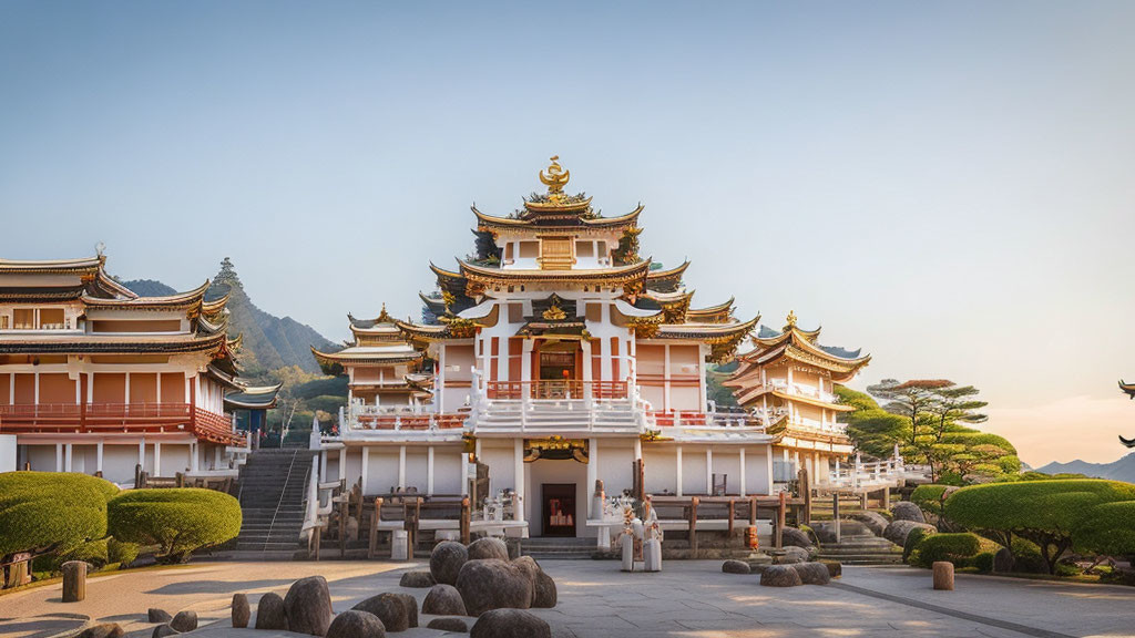 Japanese multi-tiered temple with golden roof ornament, surrounded by green trees and visitors.